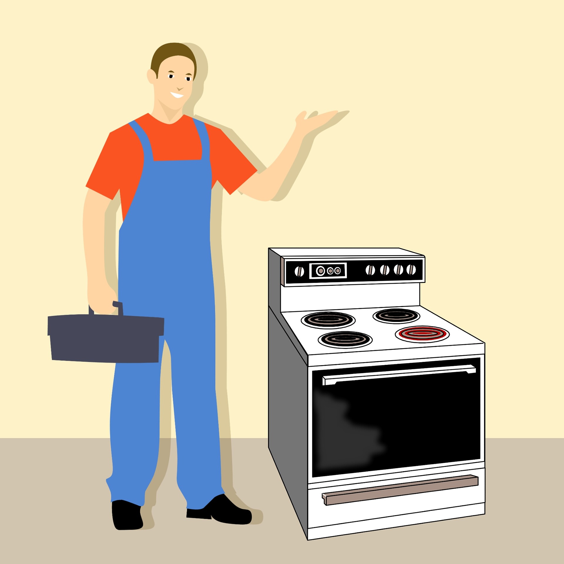Repairman with toolbox presenting stove appliance.