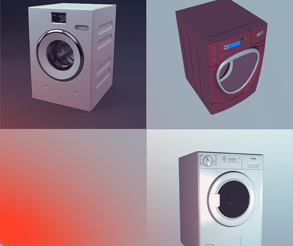 Four washing machines with varied designs and colors.