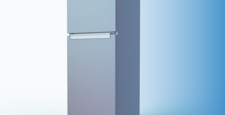 Modern stainless steel refrigerator on blue background.
