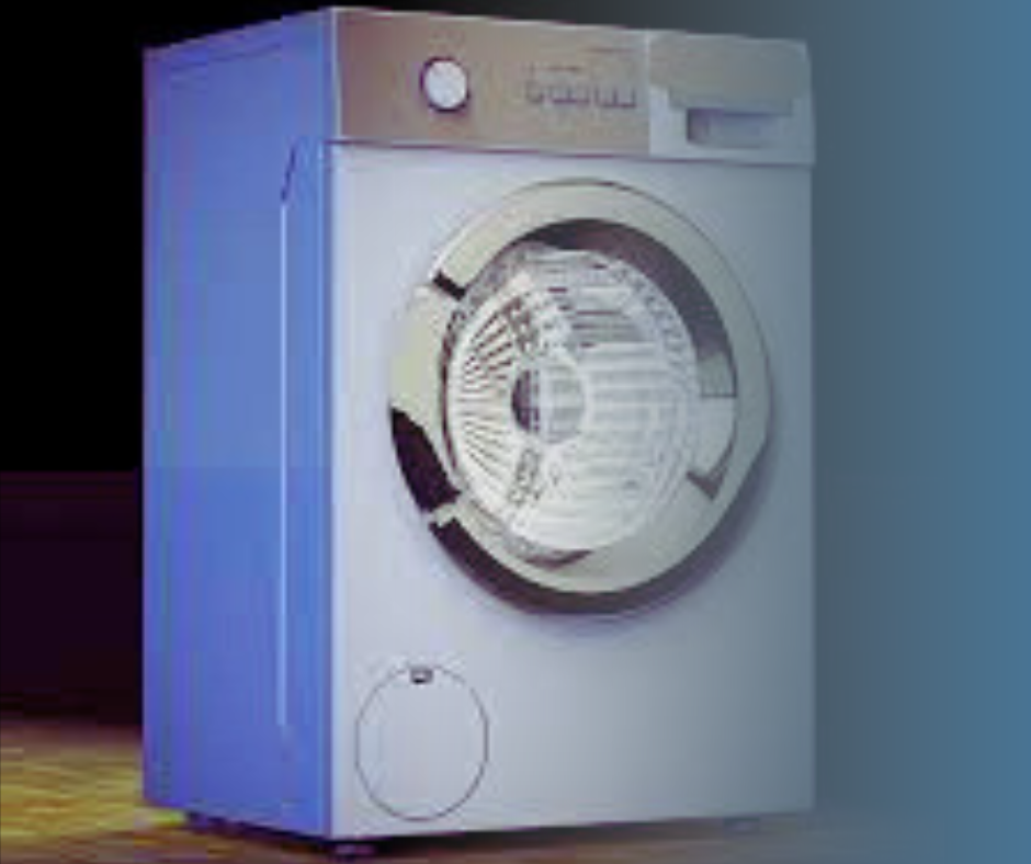 Front-loading blue washing machine.