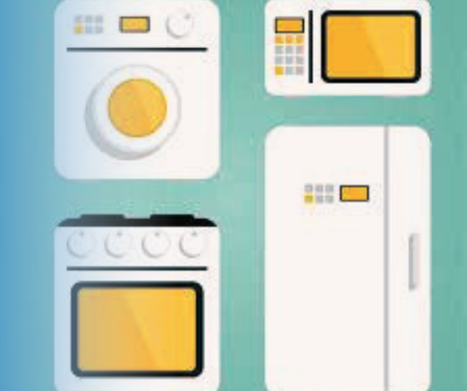 Washer, microwave, oven, and refrigerator illustrations.