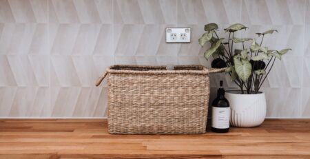 Modern kitchen counter with basket and indoor plant.